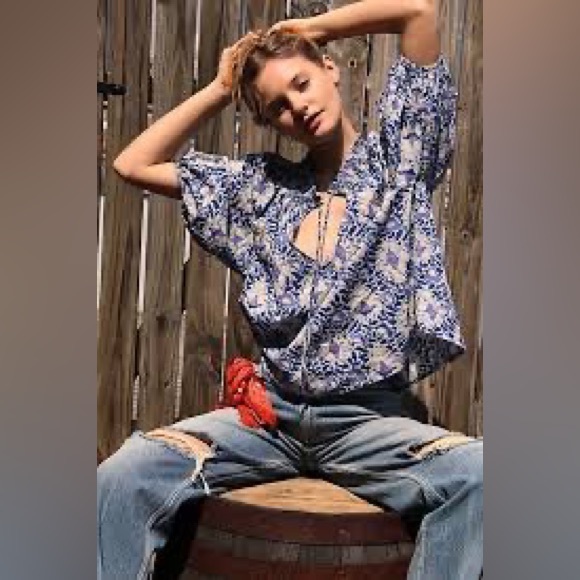 Free People Willow Printed Blouse in Blue Batik Combo - Picture 15 of 15